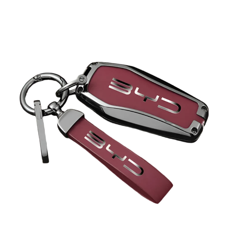 BYD KEY FOB REMOTE CASE ALLOY METAL LEATHER KEYCHAIN PROTECTION KEYLESS ENTRY COVER CASE ACCESSORIES ACCESSORY PROTECTOR SHARK SEAL SEALION ATTO3 PREMIUM DESIGNER COVER WINE RED 1