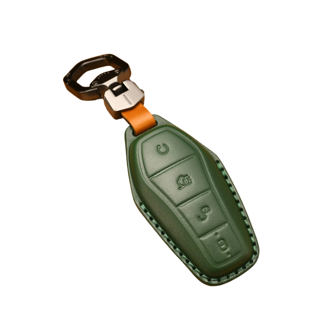Green key fob cover with orange strap on a white background