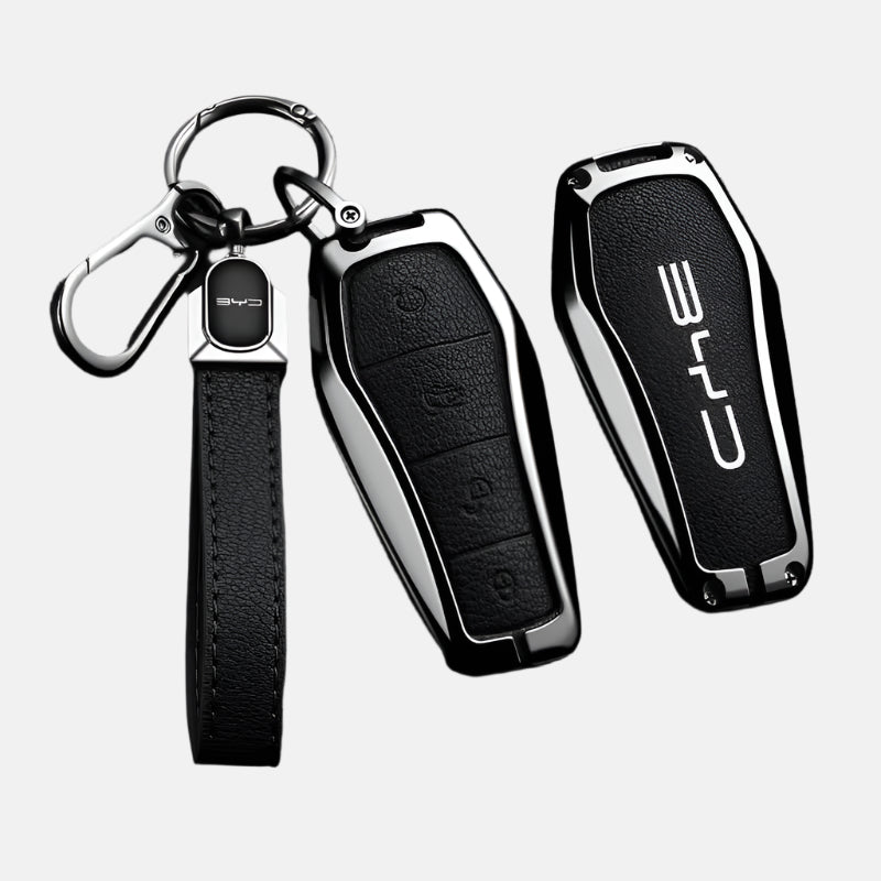 BYD KEY FOB REMOTE CASE ALLOY METAL LEATHER KEYCHAIN PROTECTION KEYLESS ENTRY COVER CASE ACCESSORIES ACCESSORY PROTECTOR SHARK SEAL SEALION ATTO3 PREMIUM DESIGNER COVER