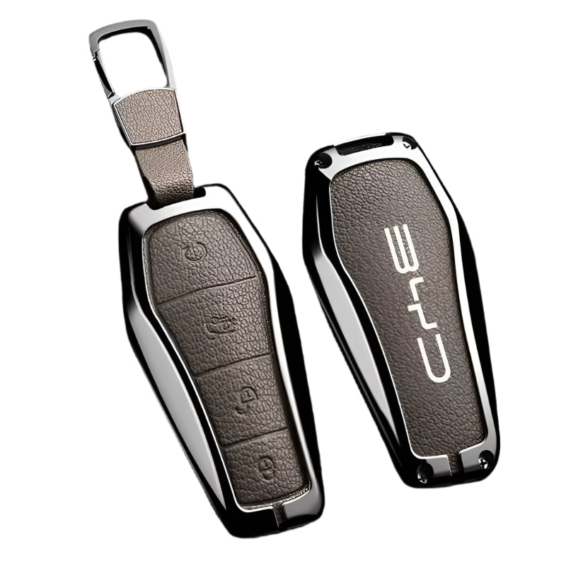 BYD KEY FOB REMOTE CASE ALLOY METAL LEATHER KEYCHAIN PROTECTION KEYLESS ENTRY COVER CASE ACCESSORIES ACCESSORY PROTECTOR SHARK SEAL SEALION ATTO3 PREMIUM DESIGNER COVER FRENCH BEIGE