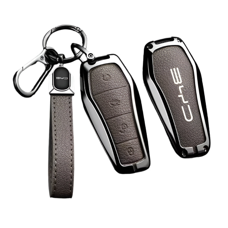 BYD KEY FOB REMOTE CASE ALLOY METAL LEATHER KEYCHAIN PROTECTION KEYLESS ENTRY COVER CASE ACCESSORIES ACCESSORY PROTECTOR SHARK SEAL SEALION ATTO3 PREMIUM DESIGNER COVER FRENCH BEIGE
