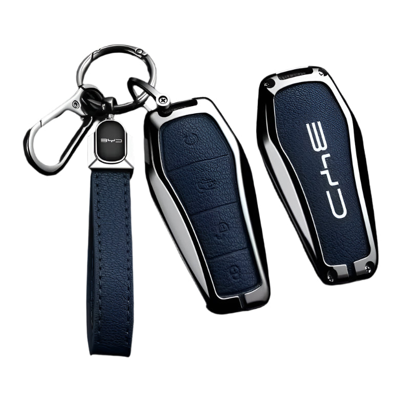 BYD KEY FOB REMOTE CASE ALLOY METAL LEATHER KEYCHAIN PROTECTION KEYLESS ENTRY COVER CASE ACCESSORIES ACCESSORY PROTECTOR SHARK SEAL SEALION ATTO3 PREMIUM DESIGNER COVER NAVY BLUE