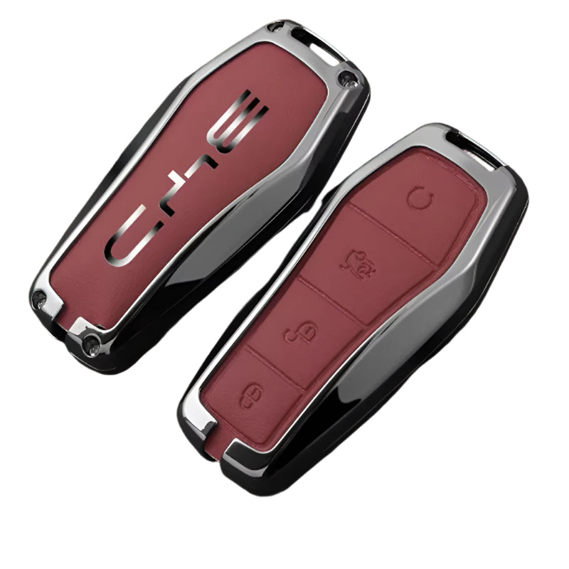 BYD KEY FOB REMOTE CASE ALLOY METAL LEATHER KEYCHAIN PROTECTION KEYLESS ENTRY COVER CASE ACCESSORIES ACCESSORY PROTECTOR SHARK SEAL SEALION ATTO3 PREMIUM DESIGNER COVER WINE RED 2