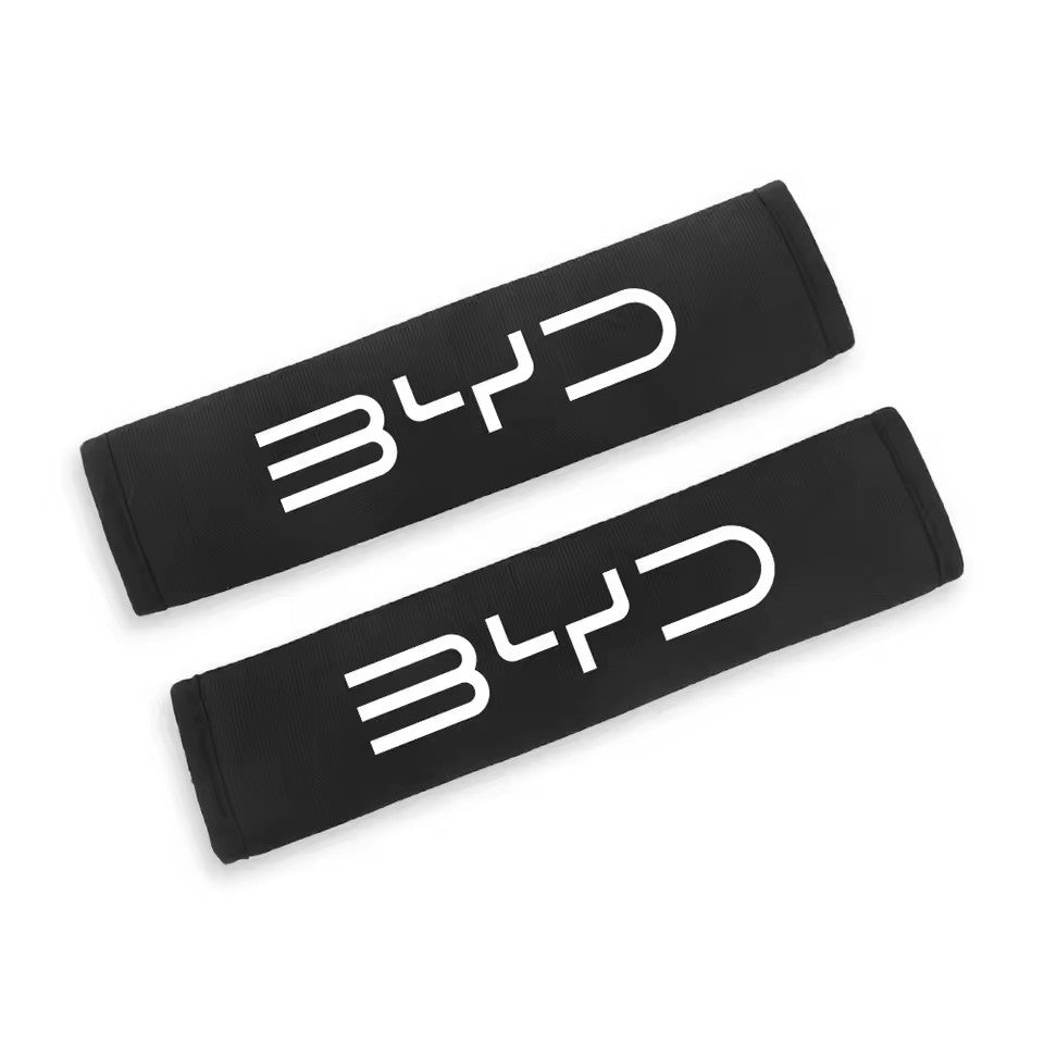 BYD SEAT BELT COVER LUXURY PADDED LOGO BLACK WHITE VELCRO EASY INSTALLATION REDUCE DISCOMFORT NECK SEAL SEALION 6 7 SHARK ATTO 3 PAIR SET DOLPHIN 1
