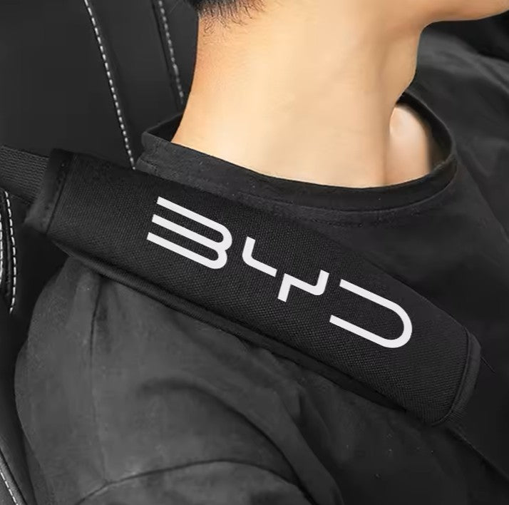 BYD SEAT BELT COVER LUXURY PADDED LOGO BLACK WHITE VELCRO EASY INSTALLATION REDUCE DISCOMFORT NECK SEAL SEALION 6 7 SHARK ATTO 3 PAIR SET DOLPHIN 2