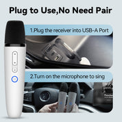 White microphone with USB receiver for car use, showing setup steps.