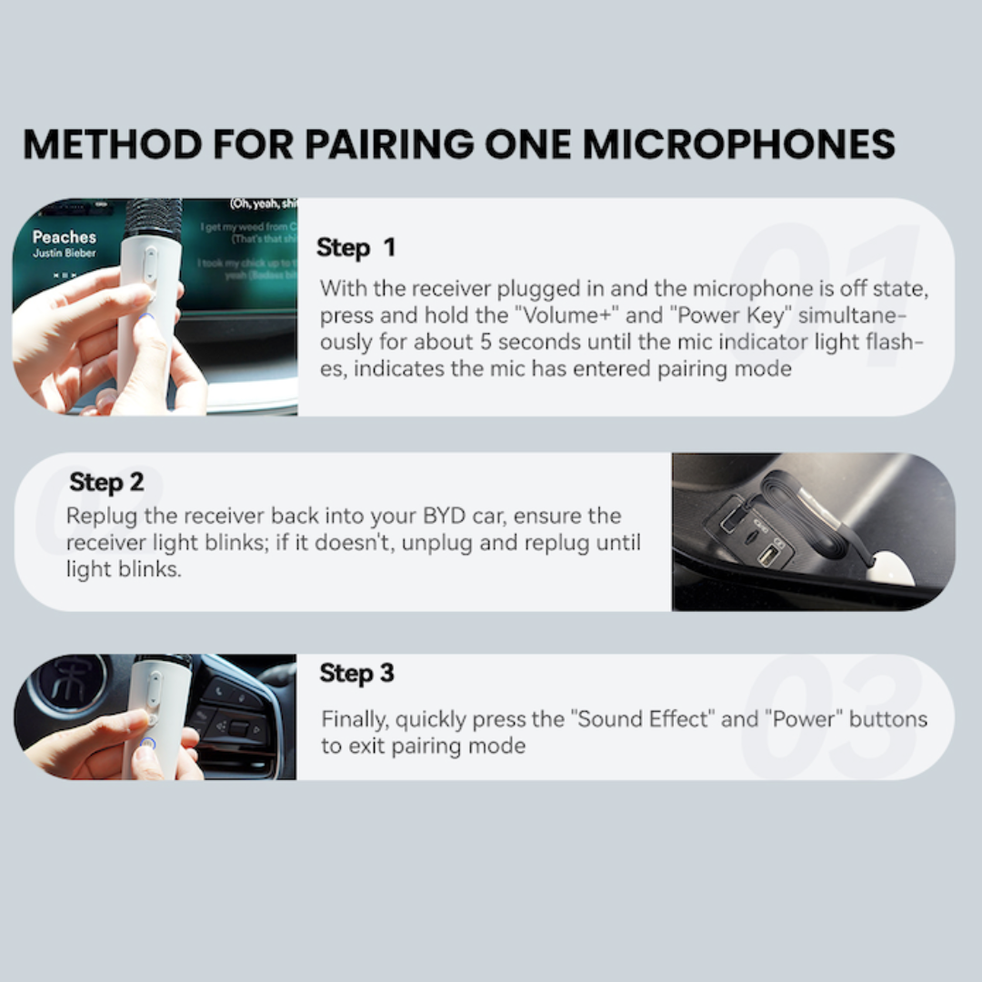 Instructions for pairing a microphone with a BYD car, including steps and images.