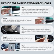 Instructions for pairing two microphones with a BYD car, showing step-by-step process.