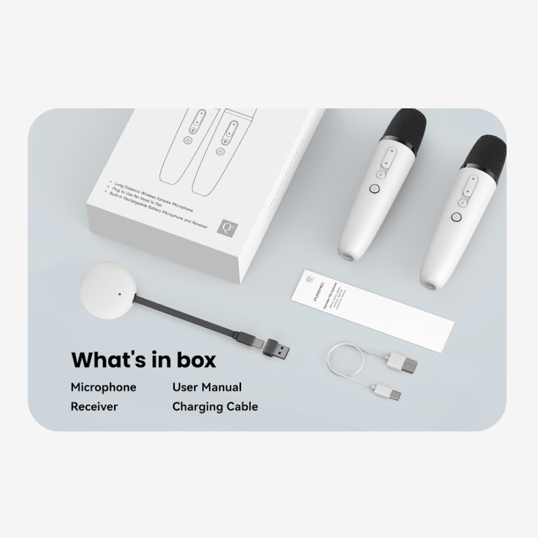 Communication device set with microphone, receiver, user manual, and charging cable on a gray surface.
