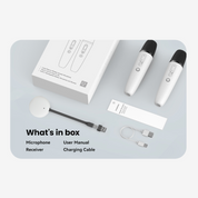 Communication device set with microphone, receiver, user manual, and charging cable on a gray surface.