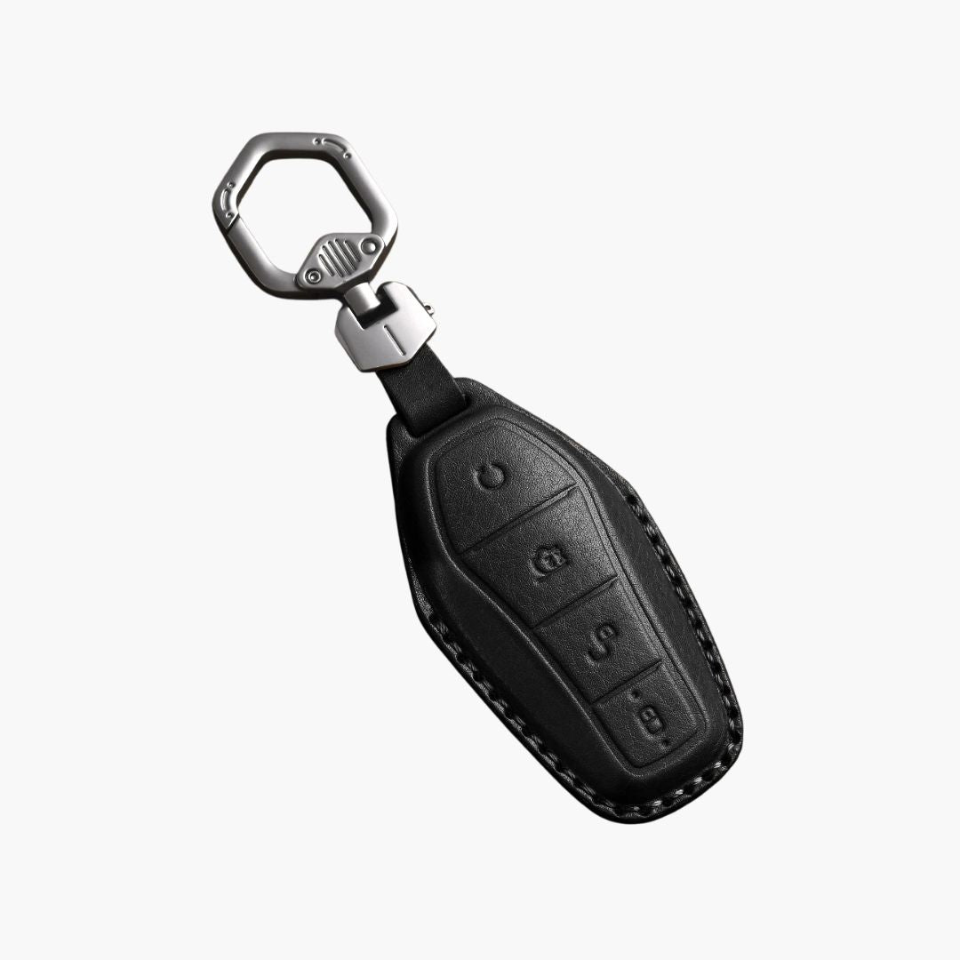 Black byd key fob cover with silver clip on a white background